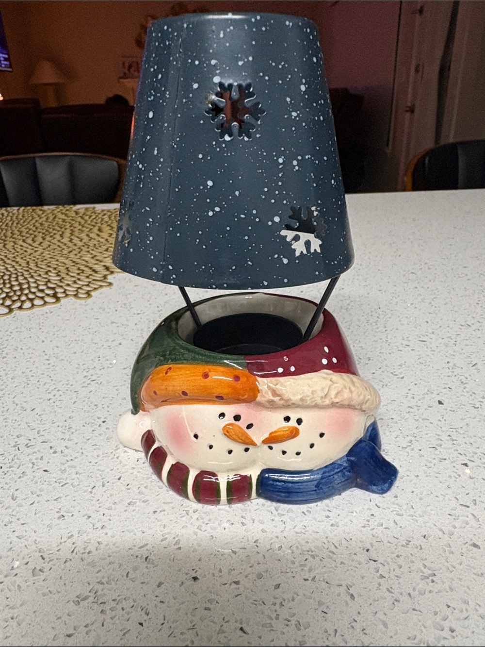 Holiday Snowman Ceramic Tea Light Holder with Navy Metal Shade